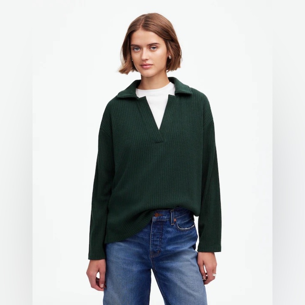 Madewell Dark Green Ribbed V-Neck Sweater